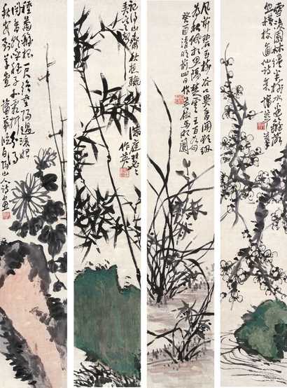 蒲华 花卉 四屏